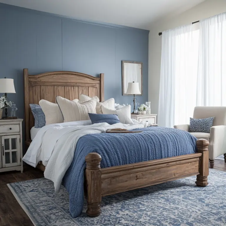blue and white farmhouse bedroom 1