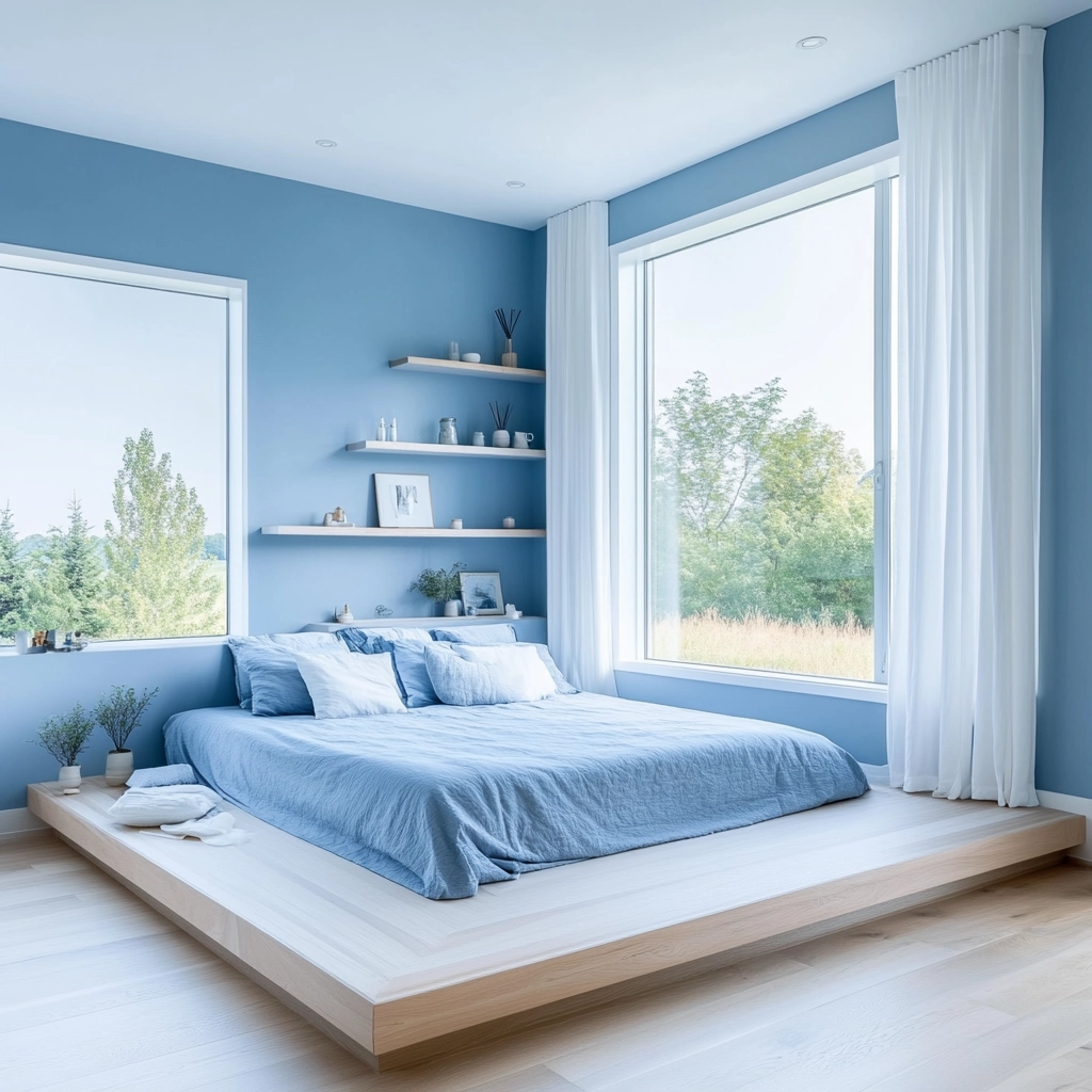 blue and white farmhouse bedroom 11