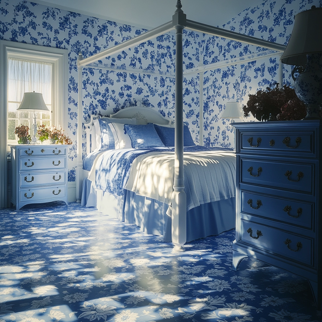 blue and white farmhouse bedroom 15
