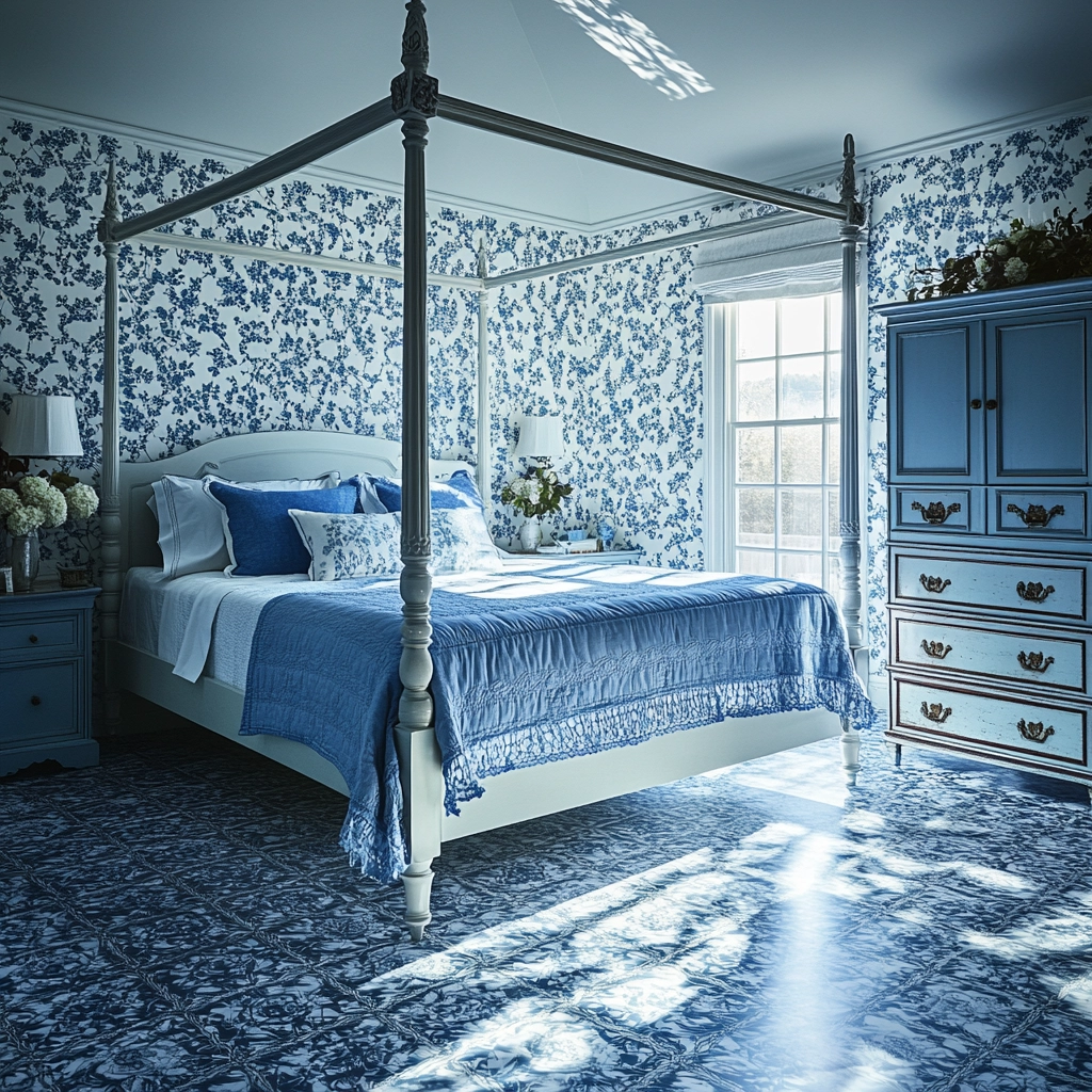 blue and white farmhouse bedroom 16