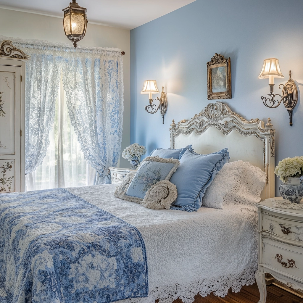blue and white farmhouse bedroom 23
