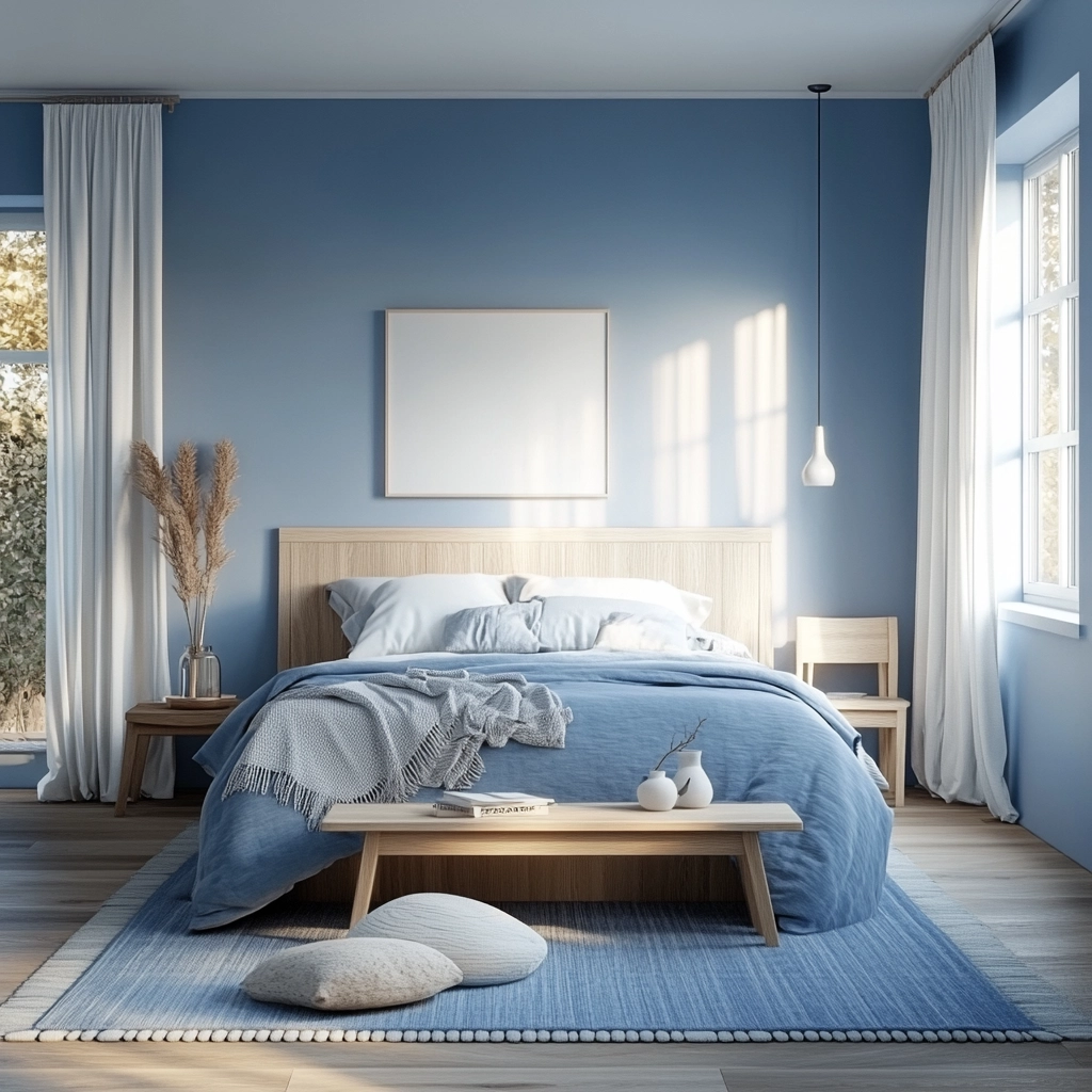 blue and white farmhouse bedroom 25