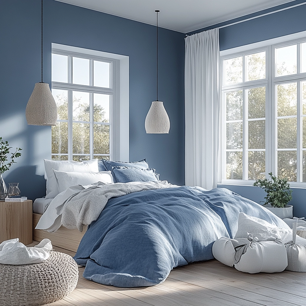 blue and white farmhouse bedroom 26
