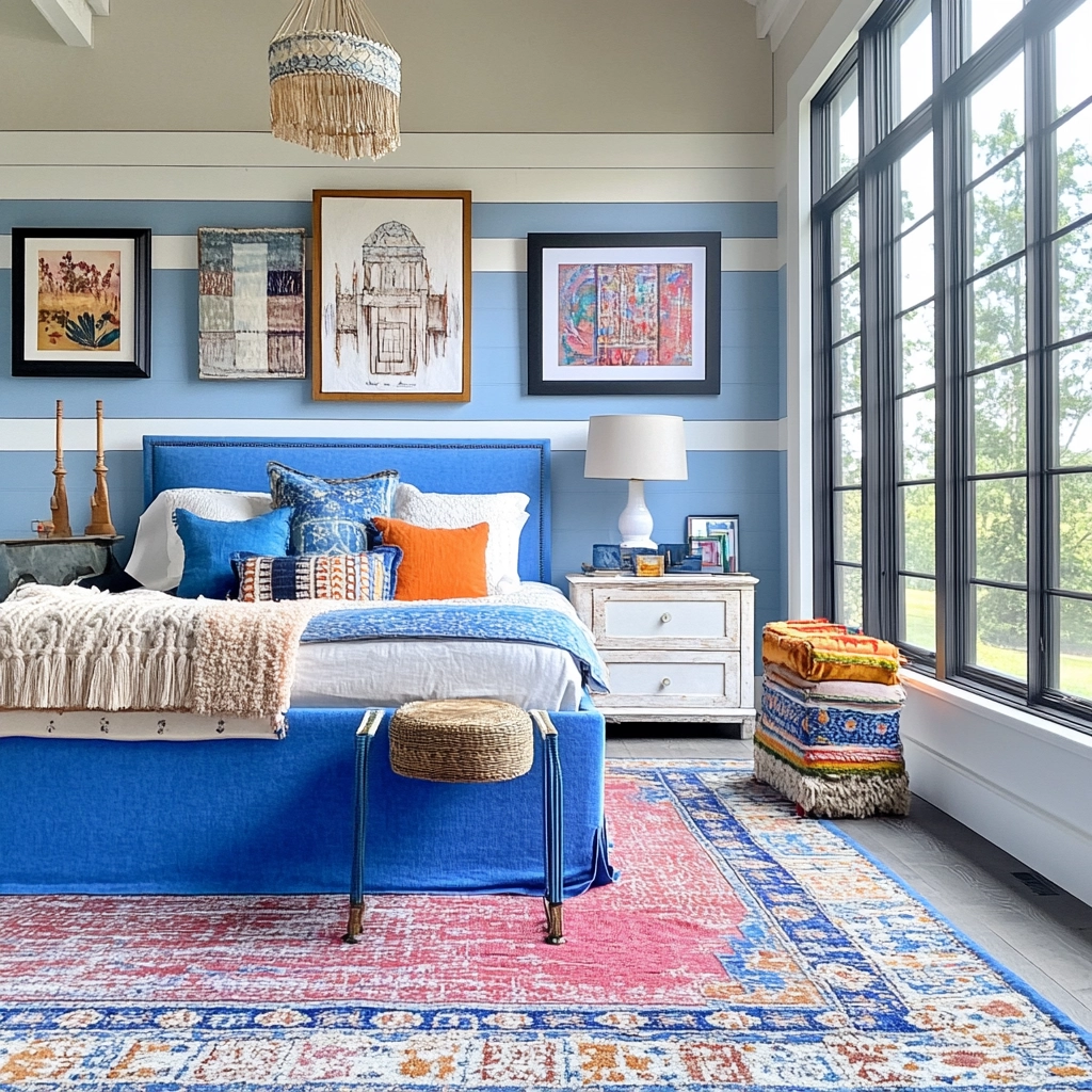 blue and white farmhouse bedroom 29