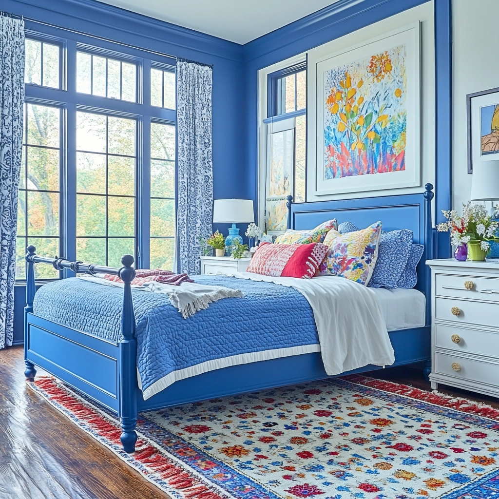 blue and white farmhouse bedroom 31