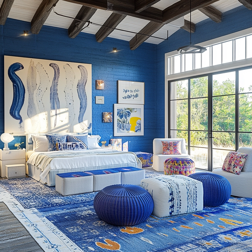 blue and white farmhouse bedroom 32