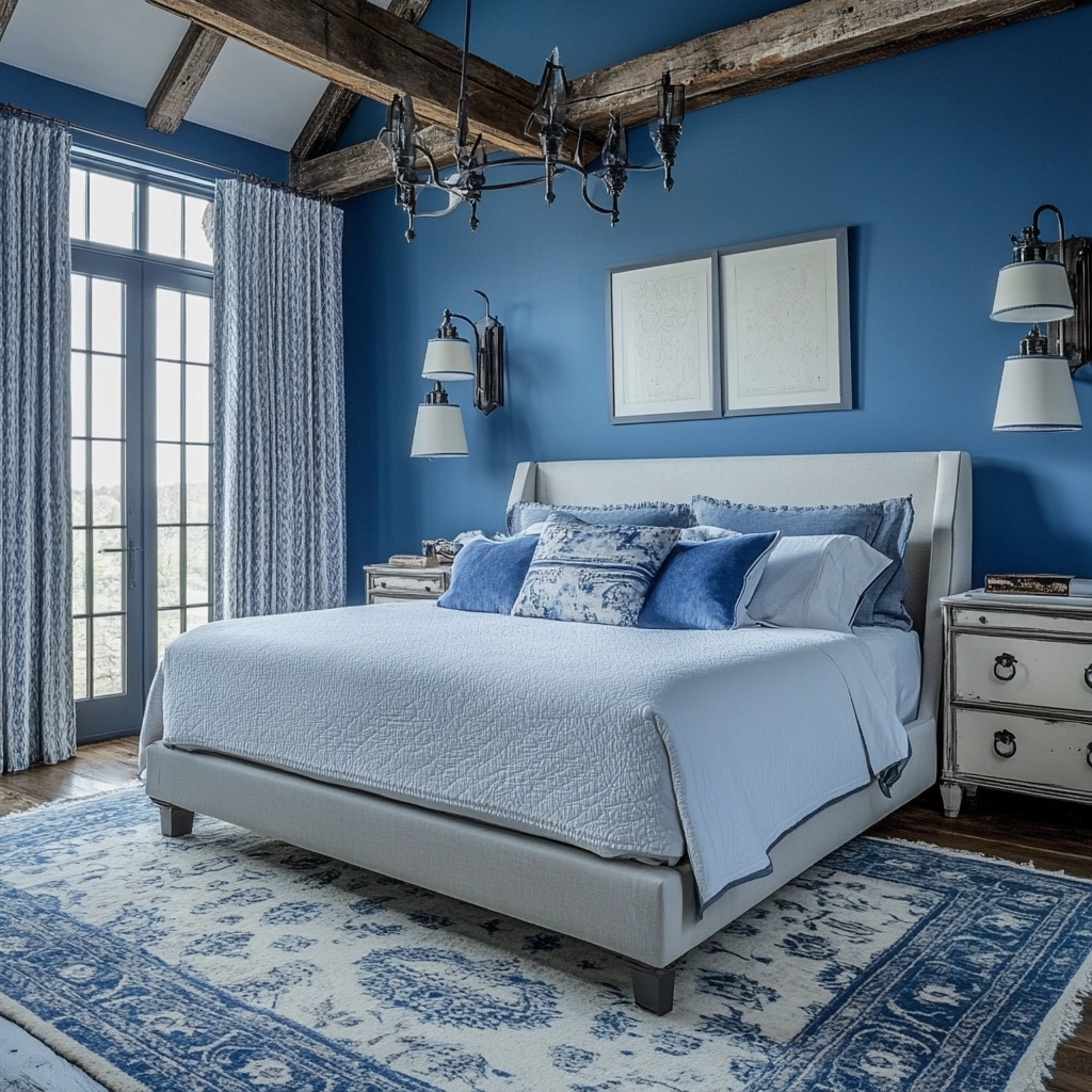 blue and white farmhouse bedroom 33