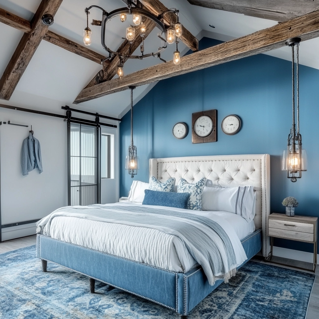 blue and white farmhouse bedroom 34