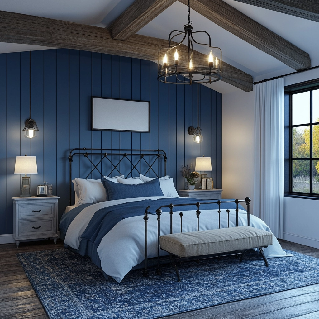 blue and white farmhouse bedroom 36