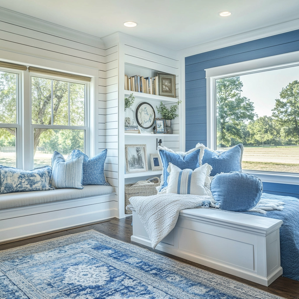 blue and white farmhouse bedroom 38