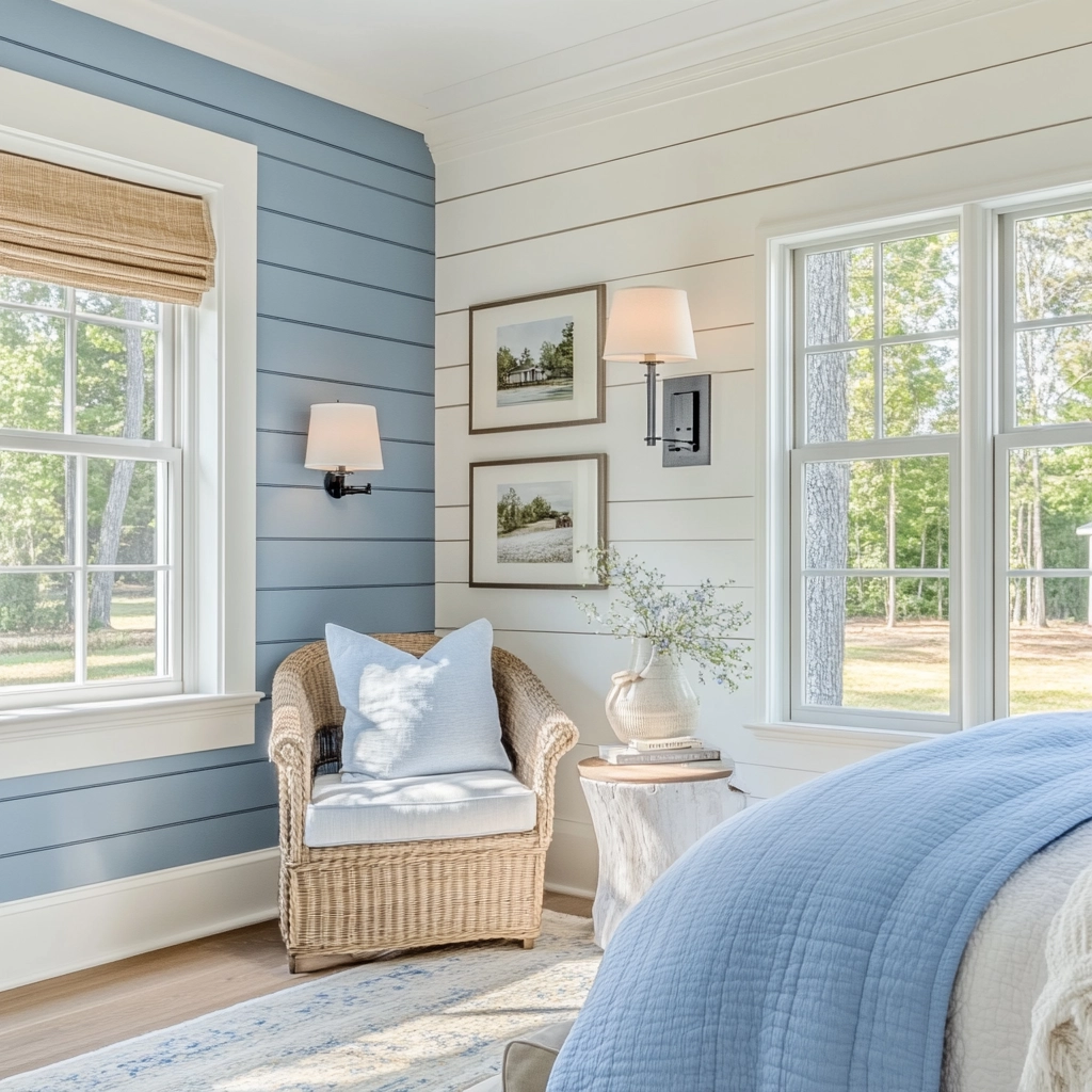 blue and white farmhouse bedroom 39