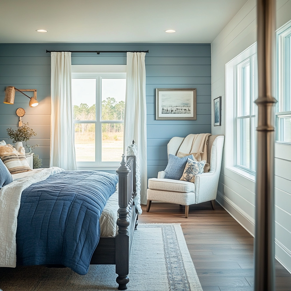 blue and white farmhouse bedroom 40