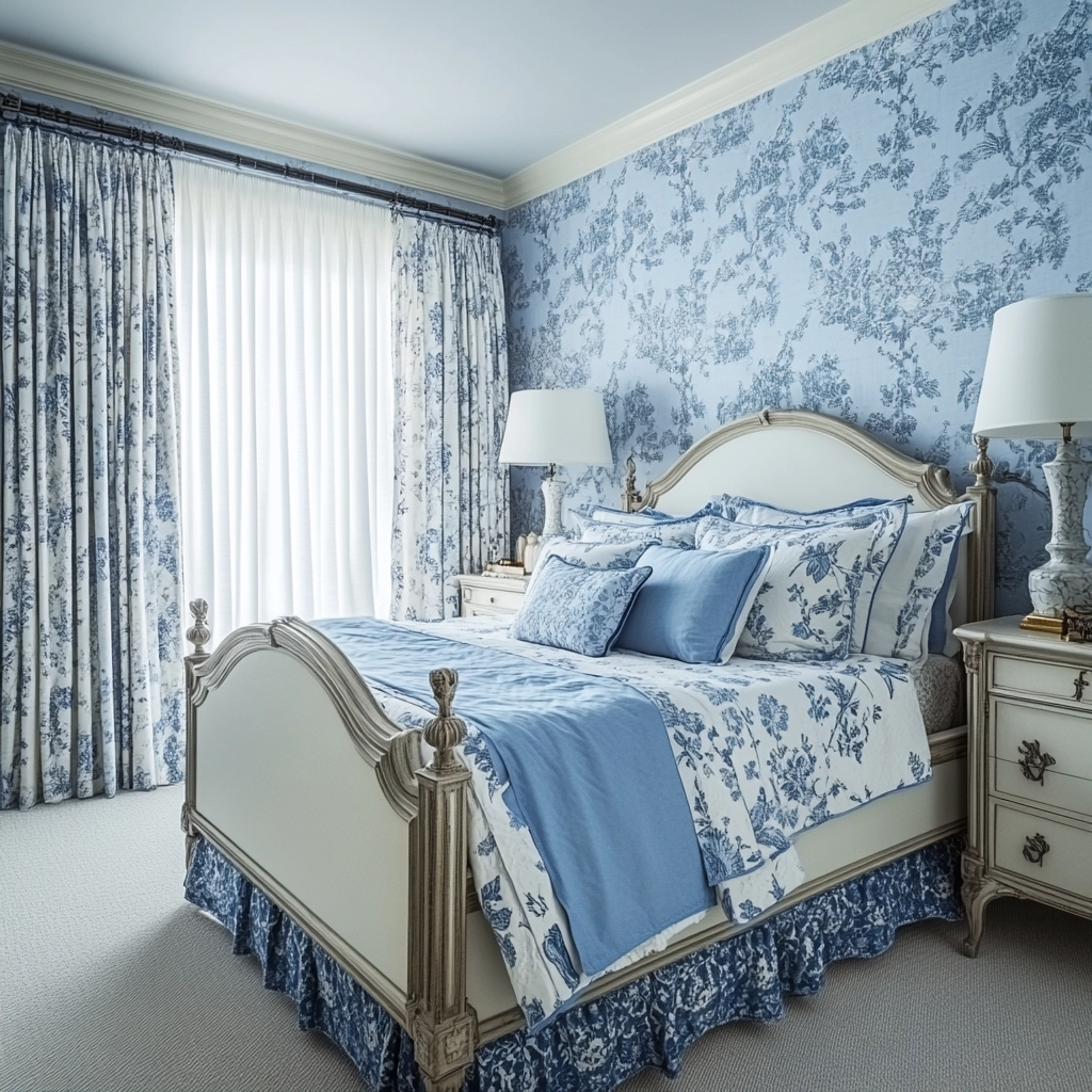 blue and white farmhouse bedroom 43