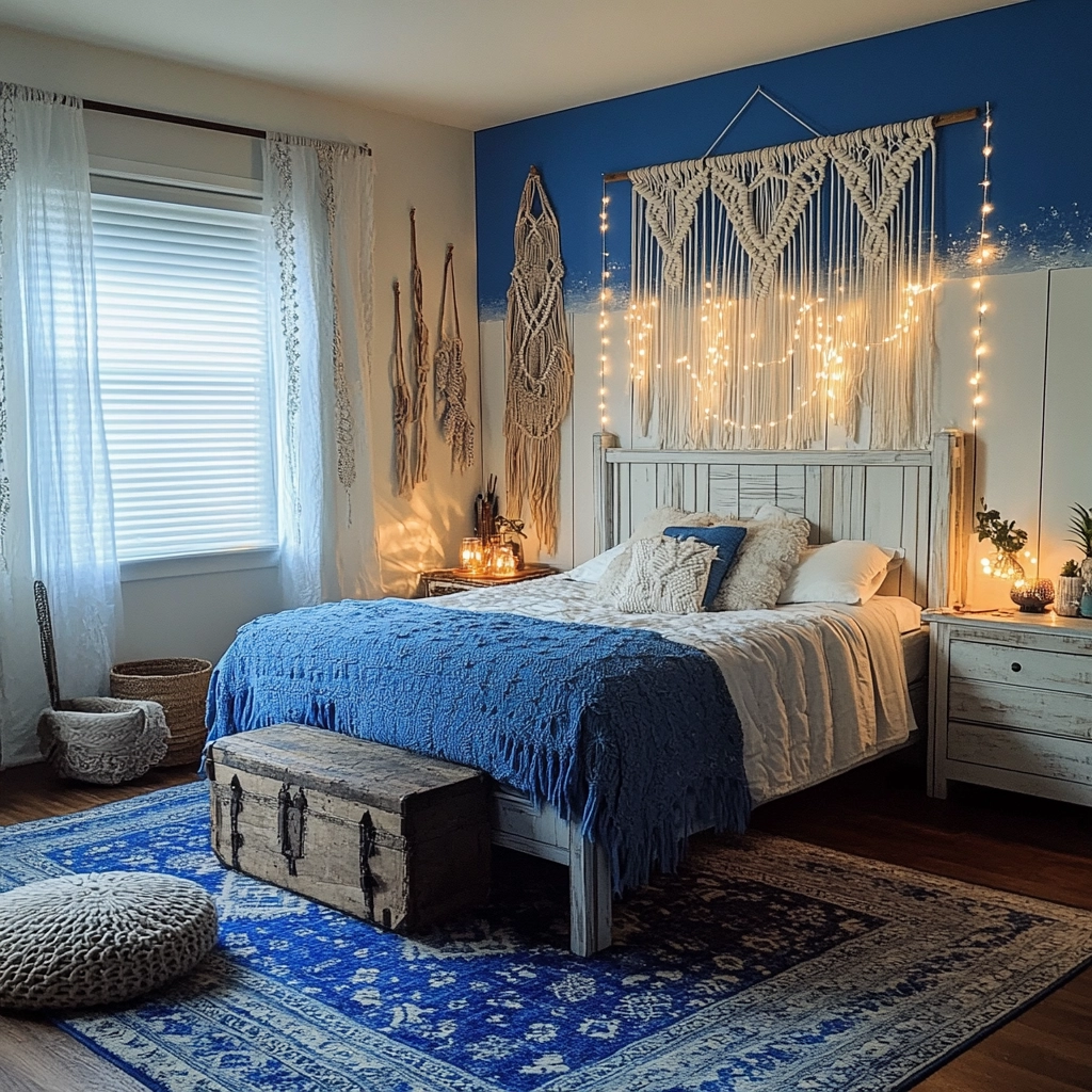 blue and white farmhouse bedroom 48