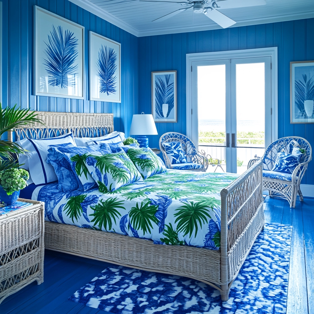 blue and white farmhouse bedroom 49