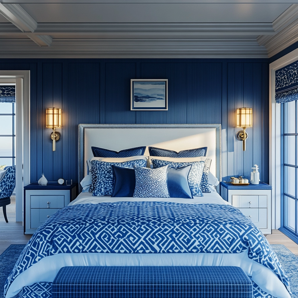 blue and white farmhouse bedroom 53
