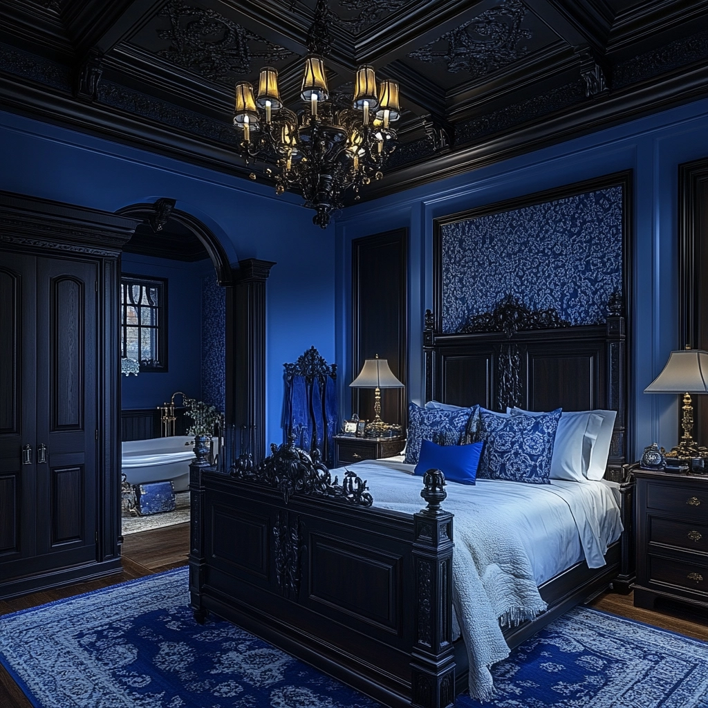 blue and white farmhouse bedroom 59