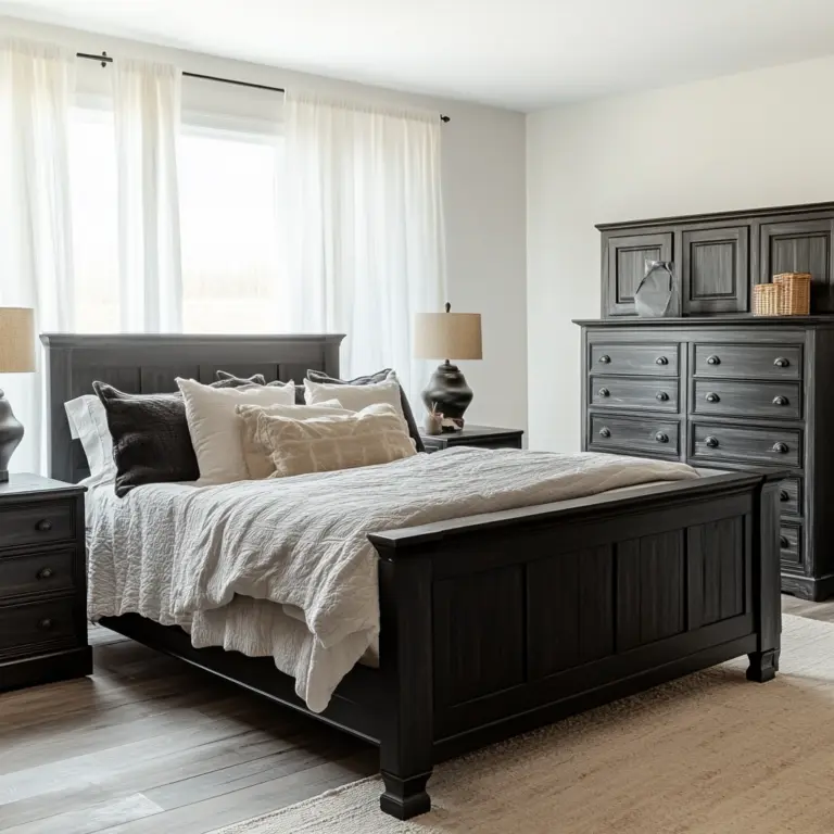 farmhouse bedroom with black furniture 1