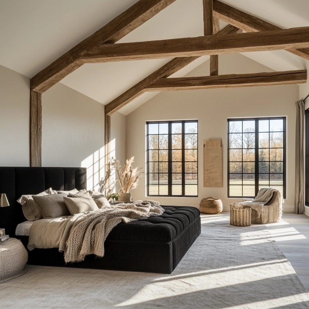farmhouse bedroom with black furniture 12