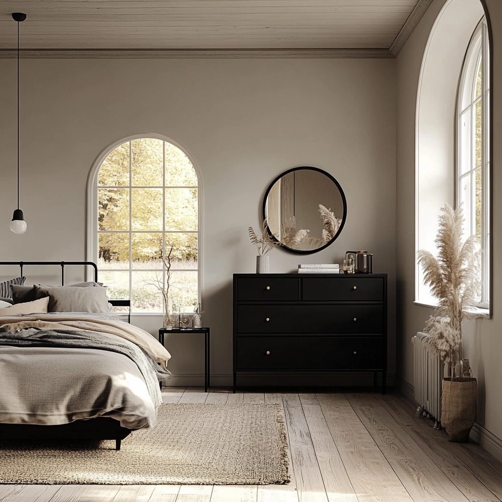 farmhouse bedroom with black furniture 19
