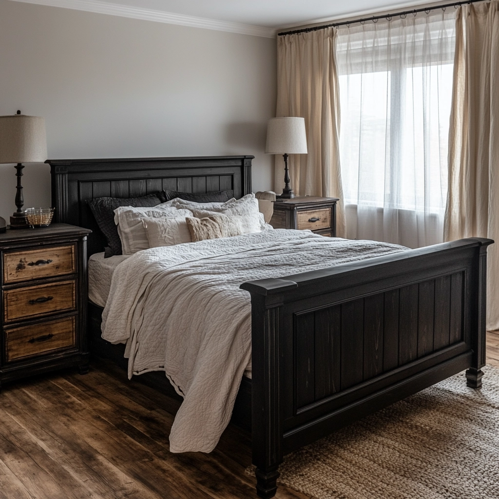 farmhouse bedroom with black furniture 2