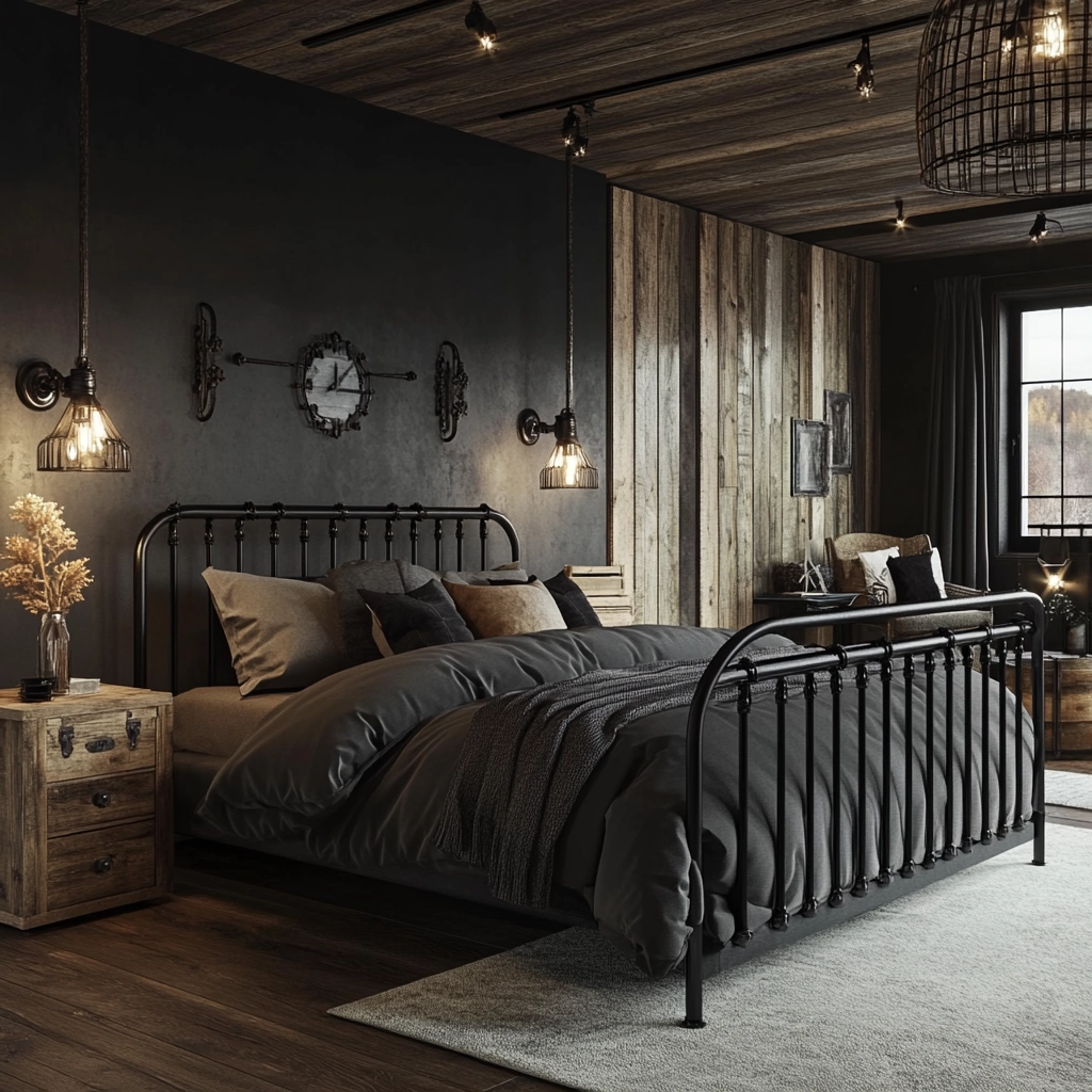 farmhouse bedroom with black furniture 28