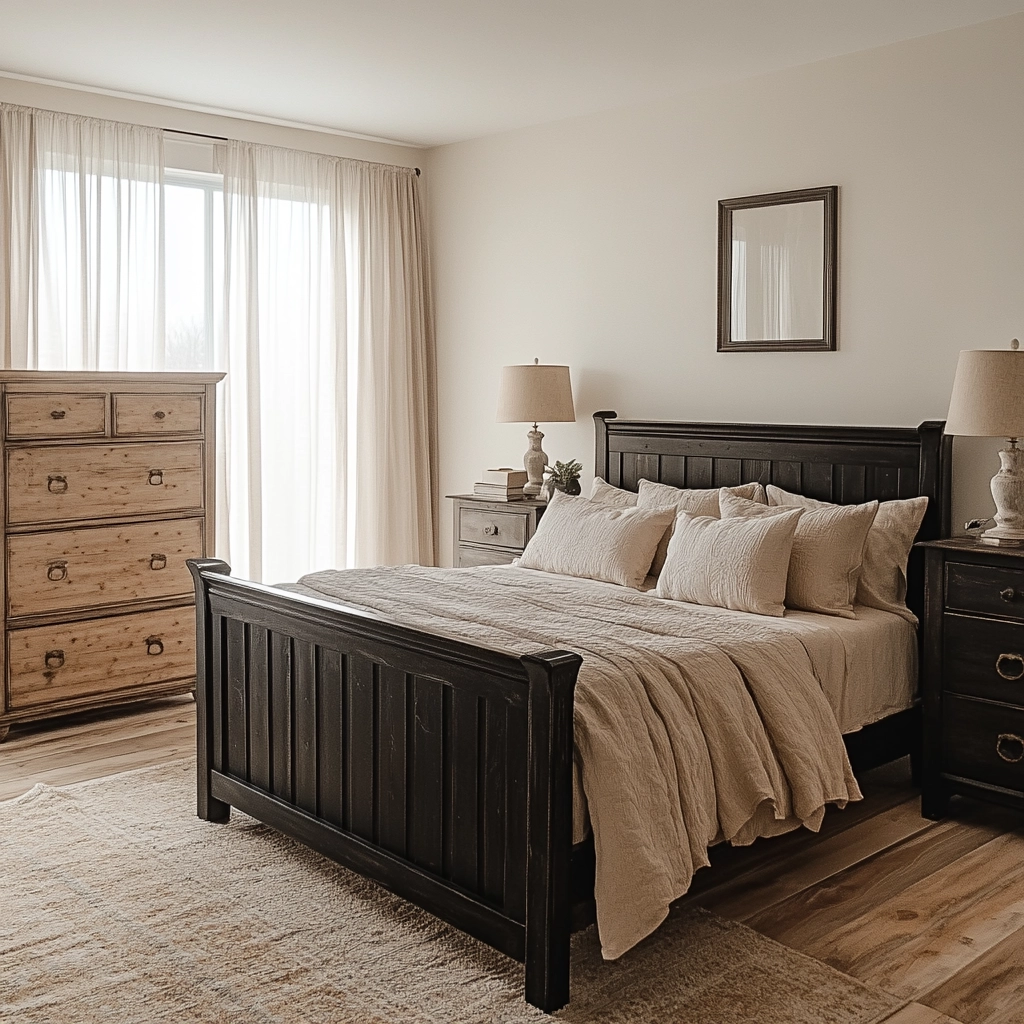 farmhouse bedroom with black furniture 3