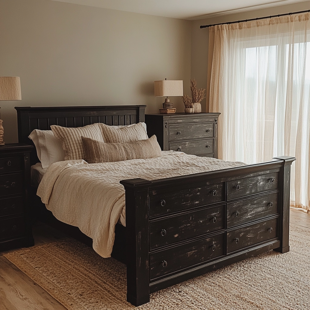 farmhouse bedroom with black furniture 4