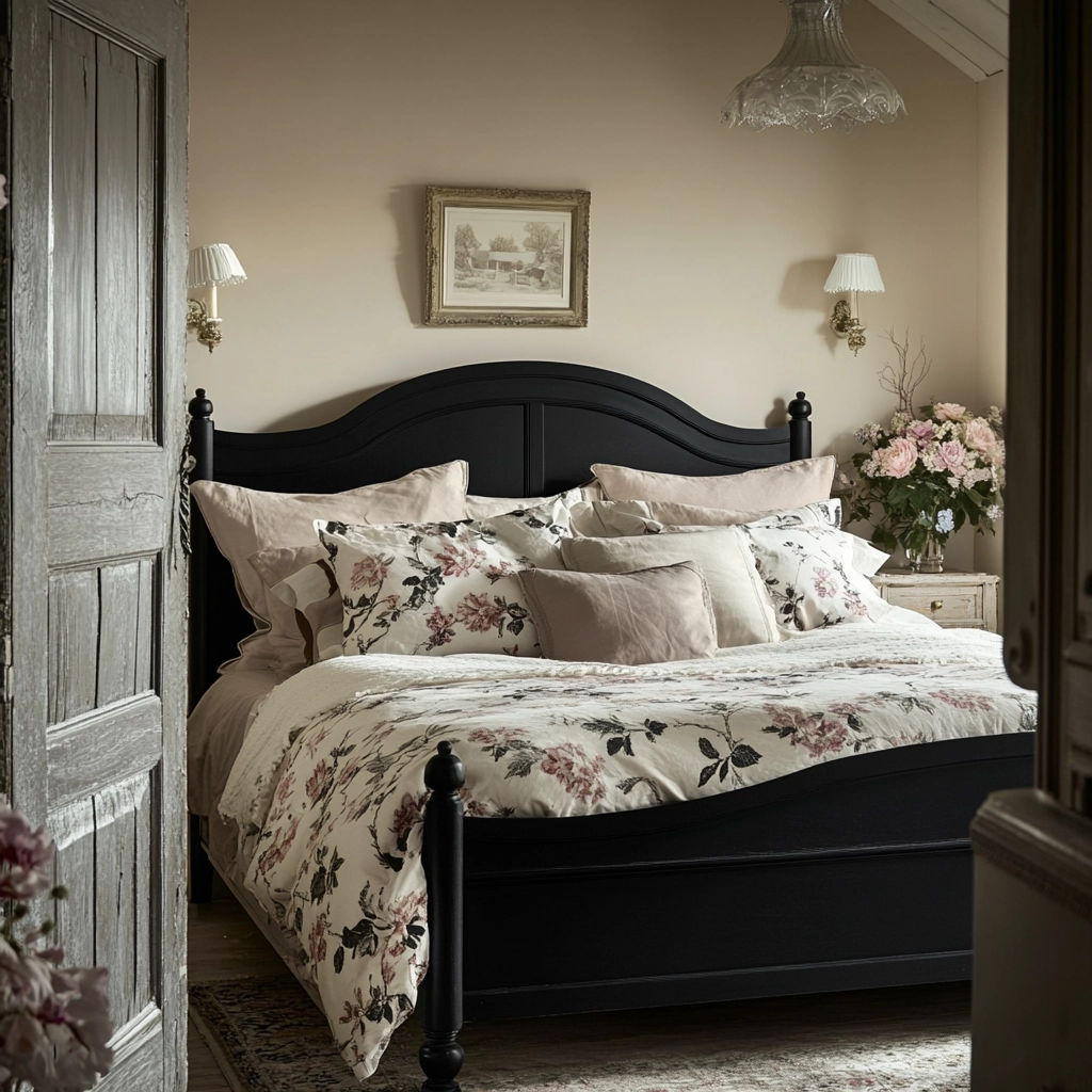 farmhouse bedroom with black furniture 48