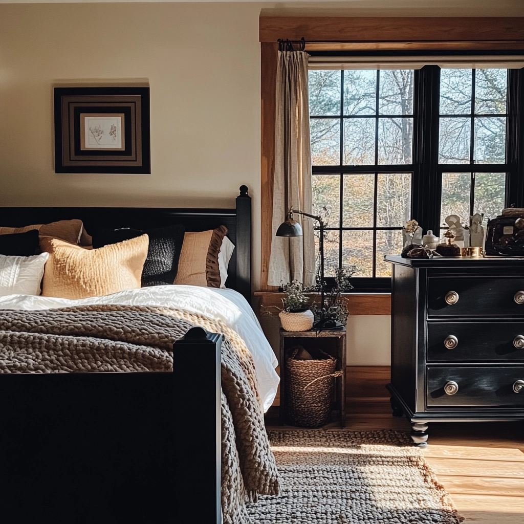 farmhouse bedroom with black furniture 54