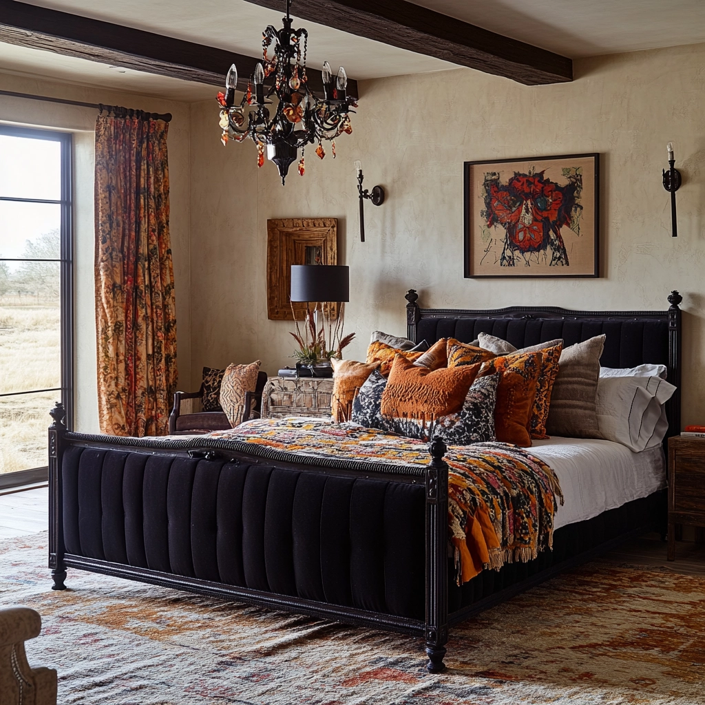 farmhouse bedroom with black furniture 79