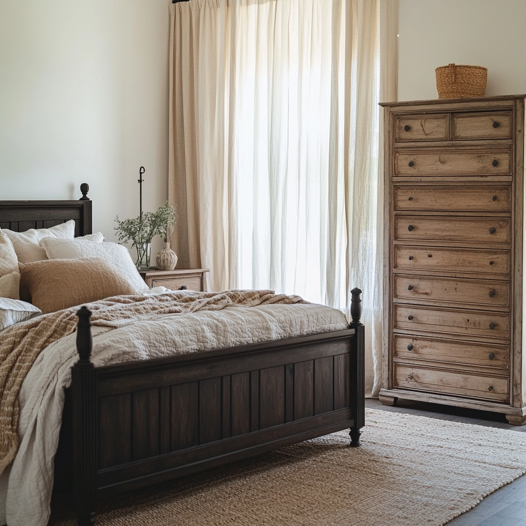 farmhouse bedroom with dark furniture 2