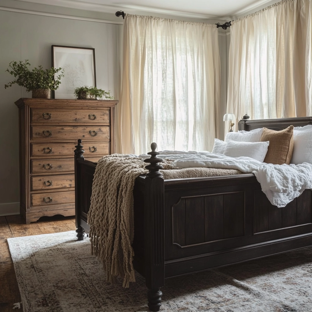farmhouse bedroom with dark furniture 3