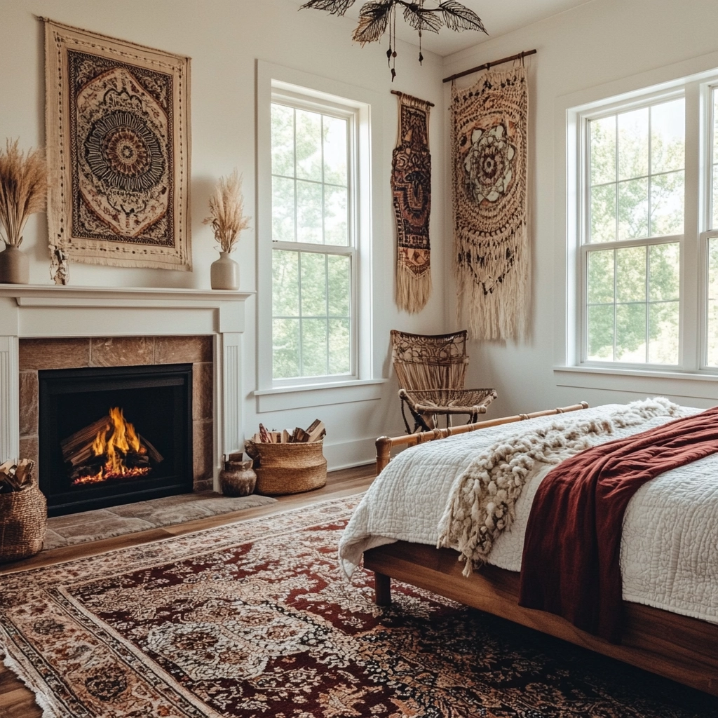 farmhouse bedroom with fireplace 16