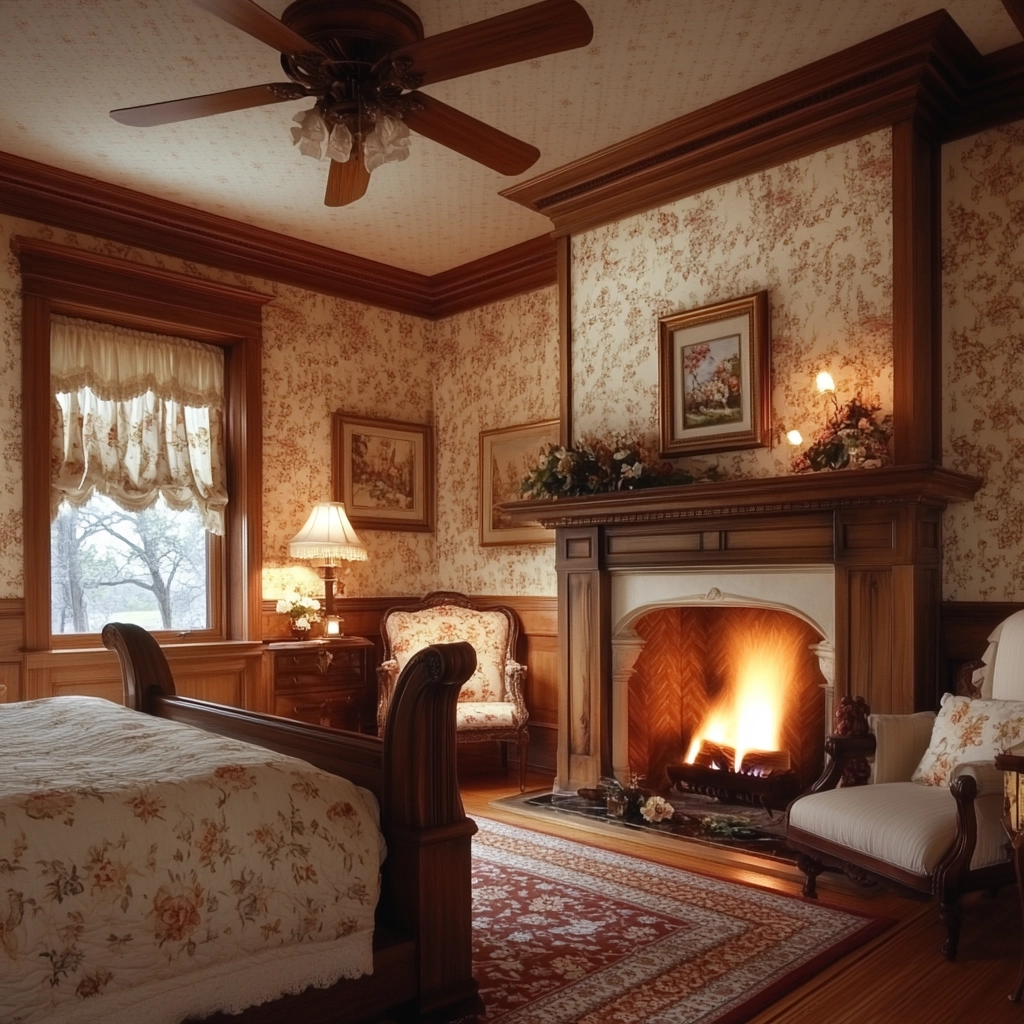 farmhouse bedroom with fireplace 18