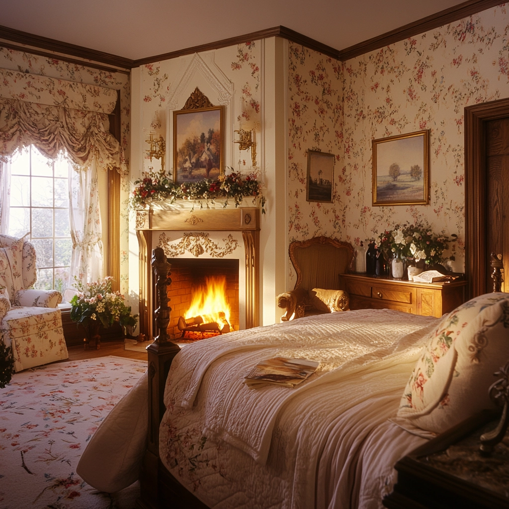 farmhouse bedroom with fireplace 19