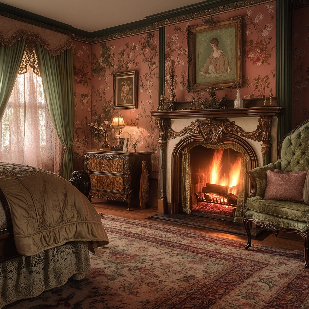 farmhouse bedroom with fireplace 34