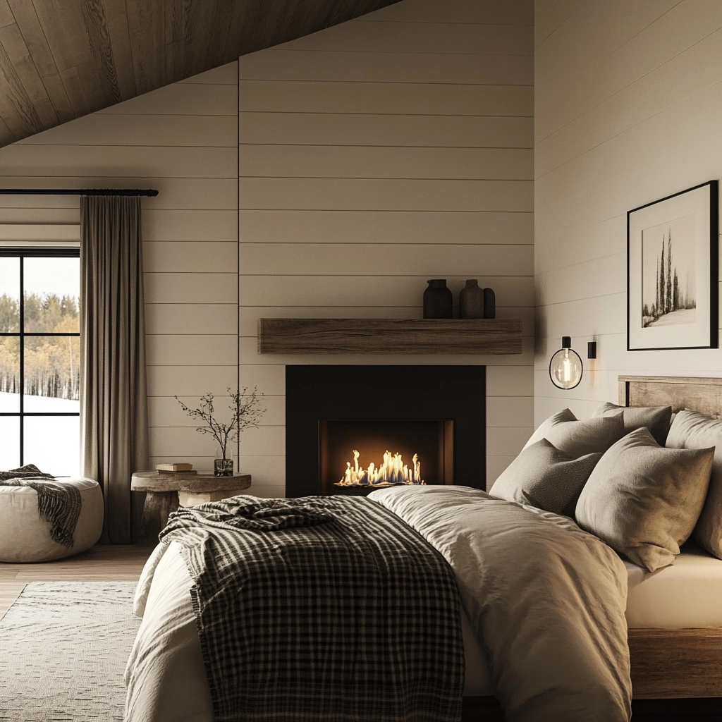 farmhouse bedroom with fireplace 44