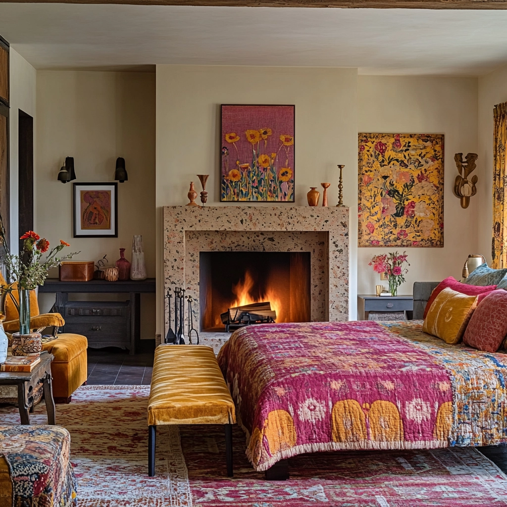 farmhouse bedroom with fireplace 49