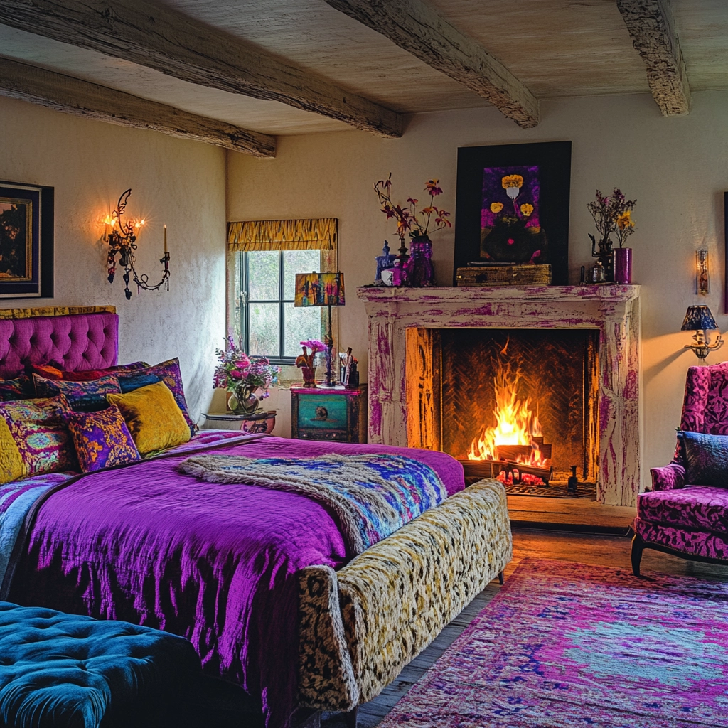 farmhouse bedroom with fireplace 51