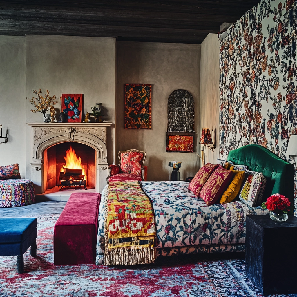 farmhouse bedroom with fireplace 52