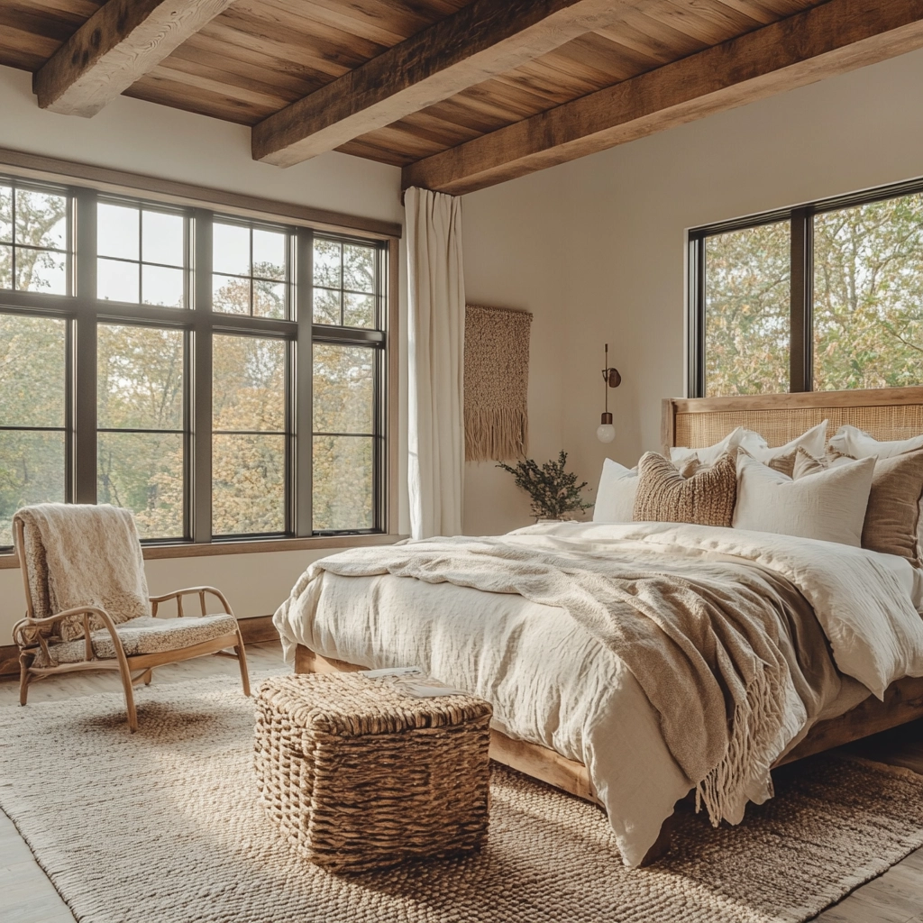 modern farmhouse bedroom master suite vaulted ceilings 1