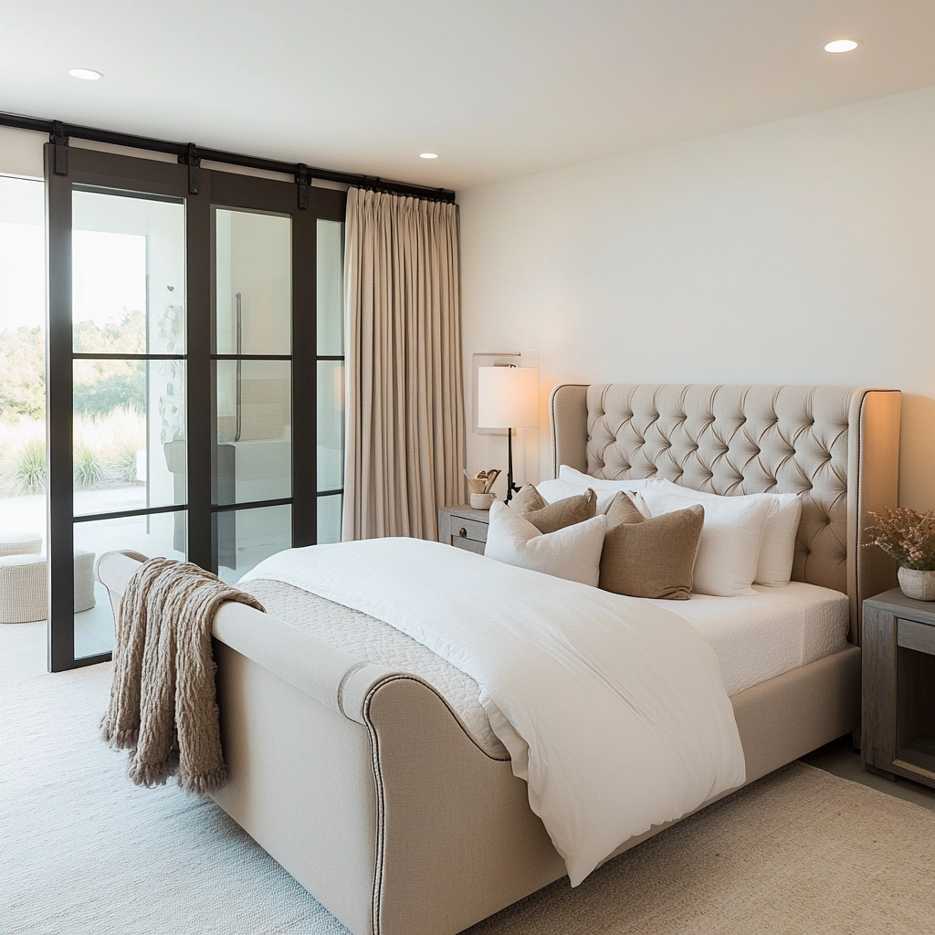 modern farmhouse bedroom master suite vaulted ceilings 7