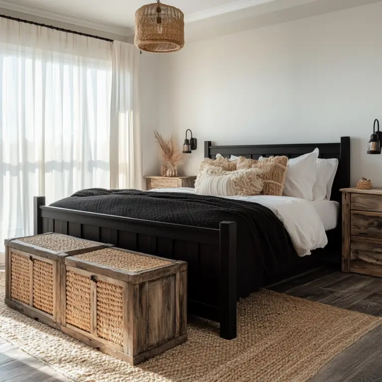modern farmhouse bedroom master suite with black furniture 1