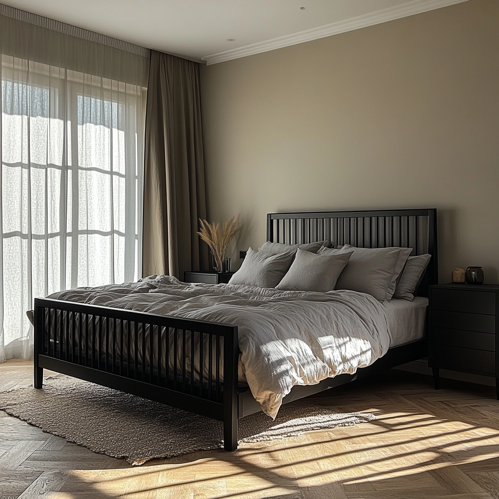 modern farmhouse bedroom master suite with black furniture 10