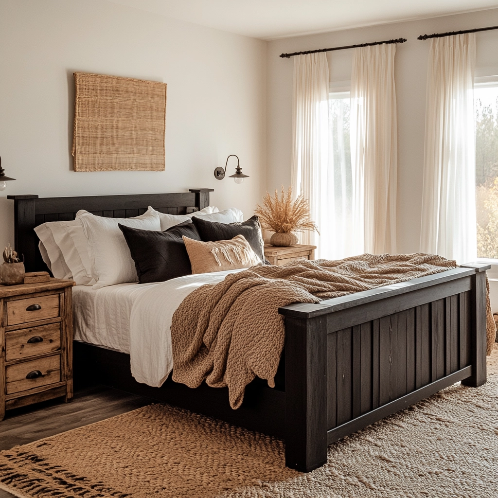 modern farmhouse bedroom master suite with black furniture 2