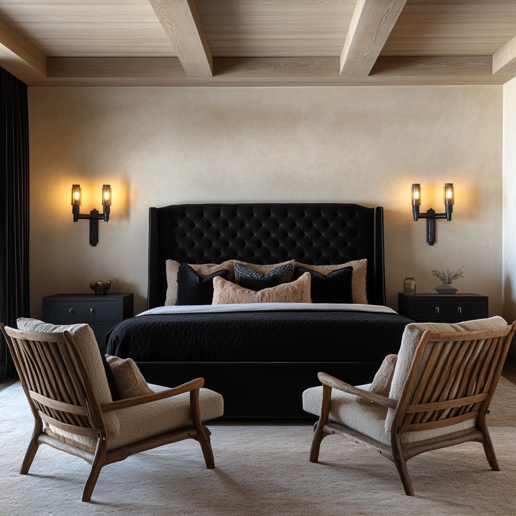 modern farmhouse bedroom master suite with black furniture 22