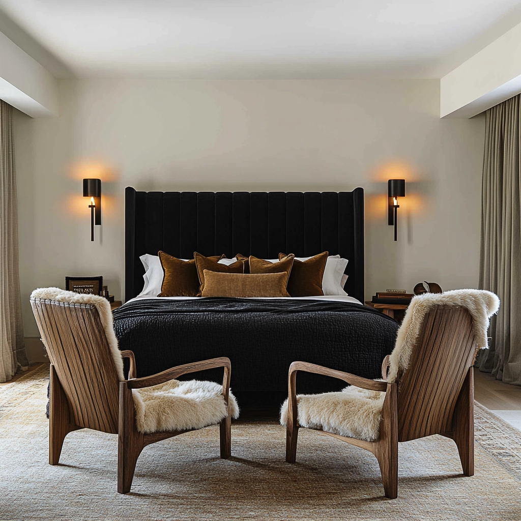 modern farmhouse bedroom master suite with black furniture 23