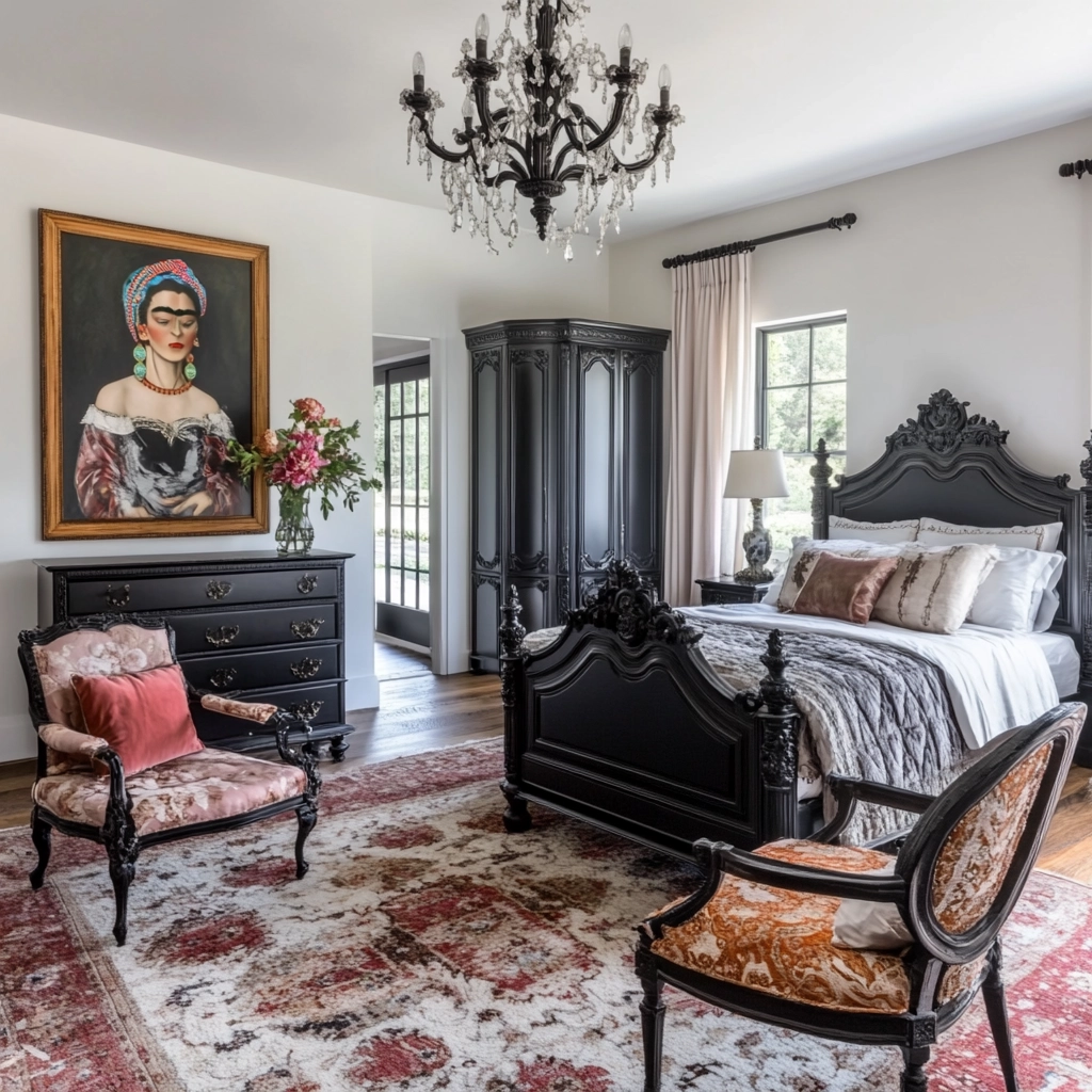modern farmhouse bedroom master suite with black furniture 29