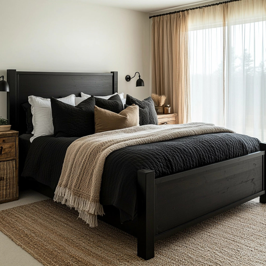 modern farmhouse bedroom master suite with black furniture 3